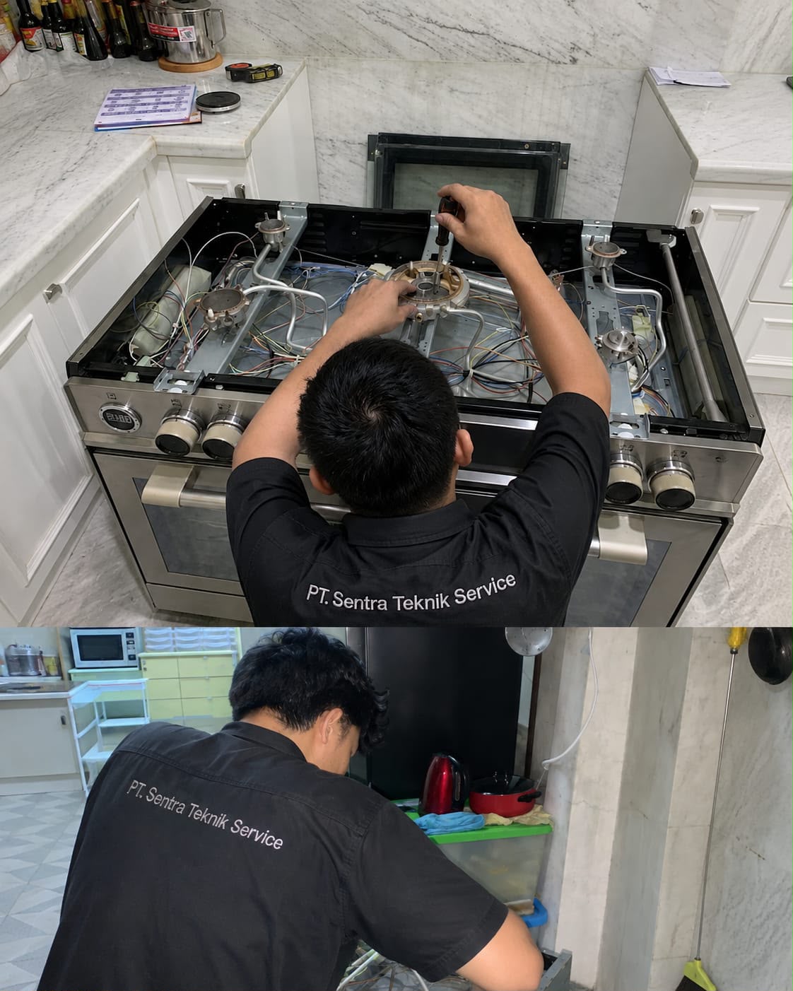 Teknisi mengerjakan service kompor gas Ariston